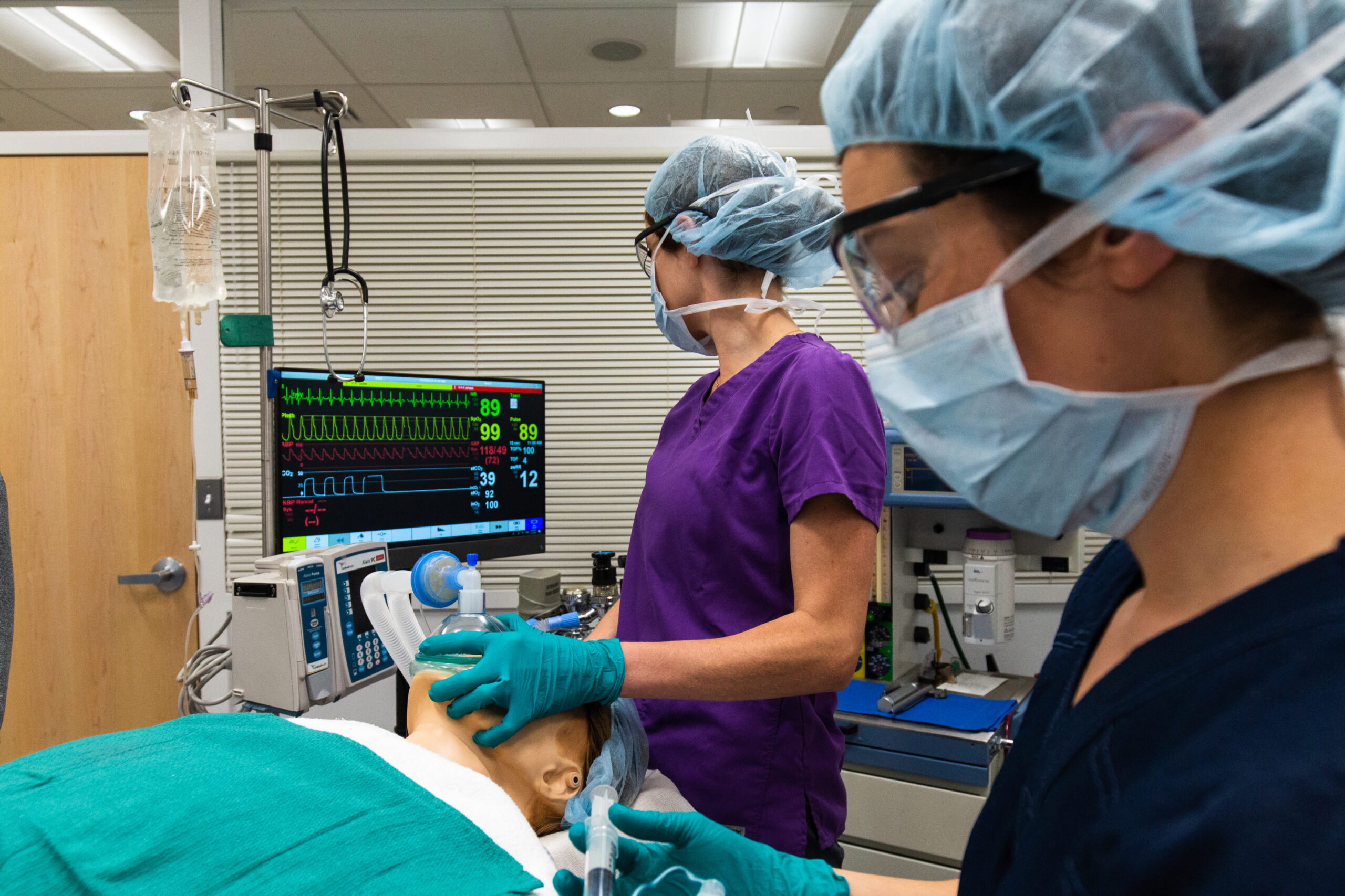 Student nurse anesthetists practice during a simulation event at Northeastern University