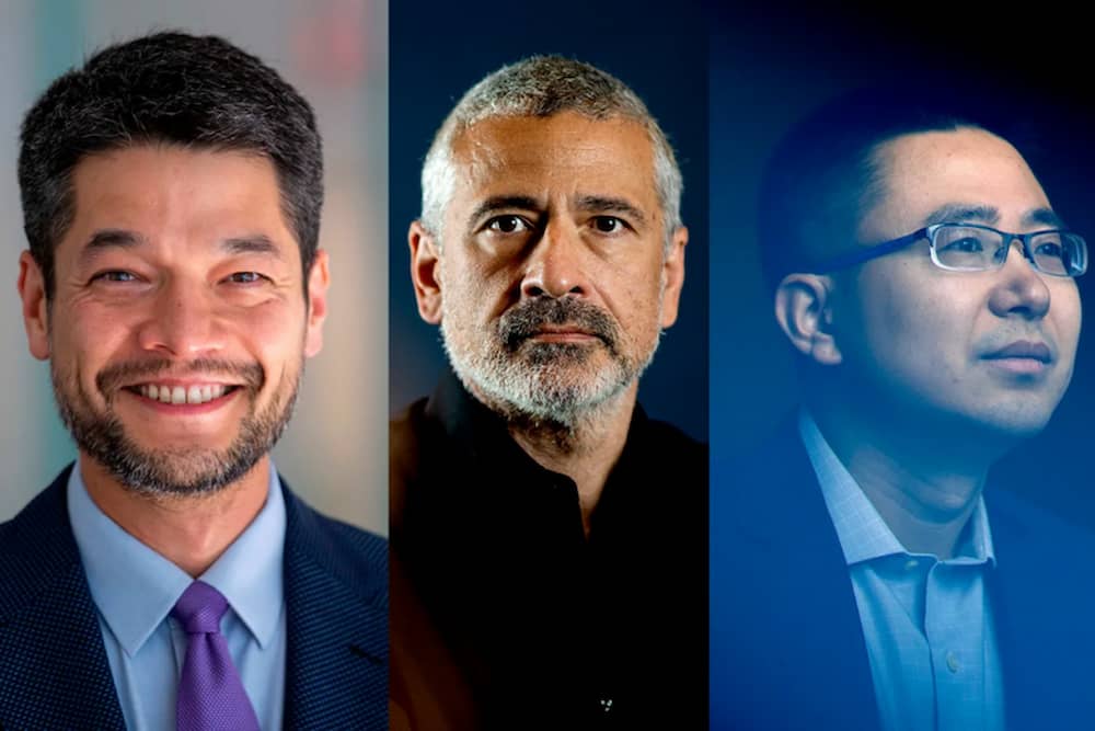 Portrait photos of Northeastern professors: Kevin Fu, Alessandro Vespignani and Raymond Fu