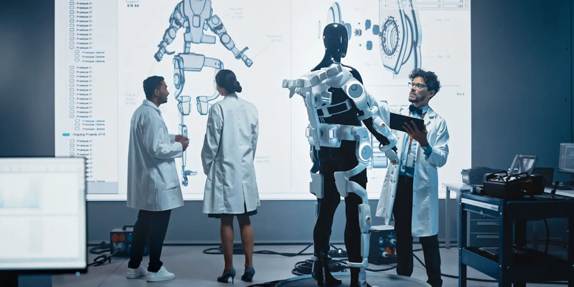 People in lab coats stand in front of both a physical humanoid robot and one projected on the wall.