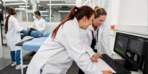 Two people wearing lab coats stand over an imaging computer.