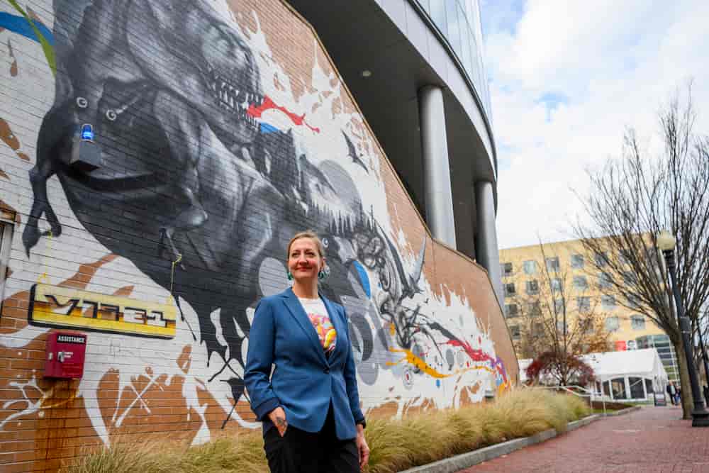 Rebekah Moore, an ethnomusicologist and assistant professor of music at Northeastern University, outside Behrakis Health Sciences Center at Northeastern University