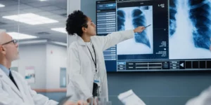 A person wearing a lab coat is pointing at an x-ray on a screen in a room.