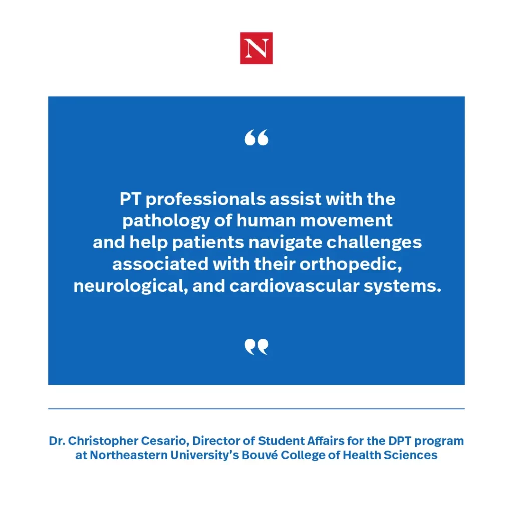 "PT professionals assist with the pathology of human movement and help patients navigate challenges associated with their orthopedic, neurological, and cardiovascular systems." Quote from Dr. Christopher Cesario, Director of Student Affairs for the DPT program at Northeastern University's Bouvé College of Health Sciences.
