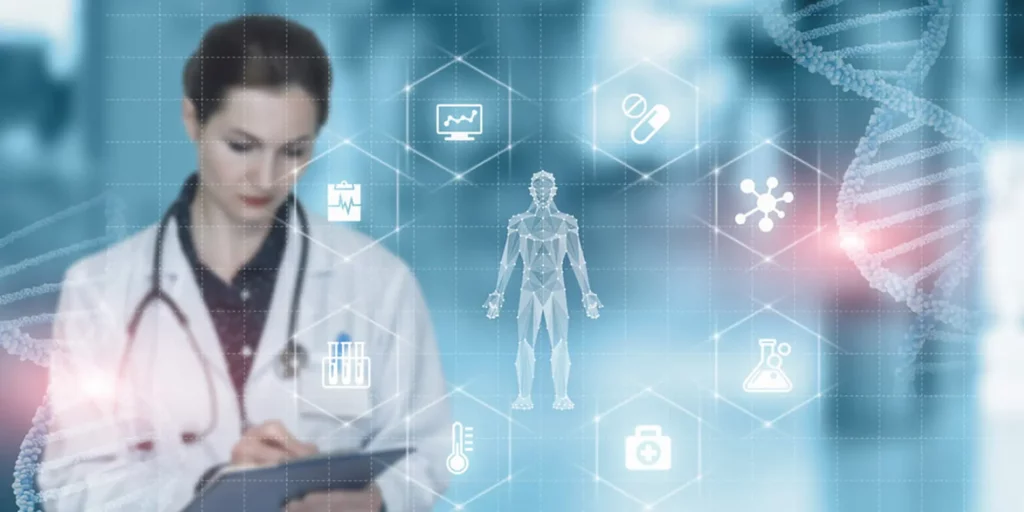 A person in a lab coat holding a tablet is looking down with holographic medical images in the foreground.