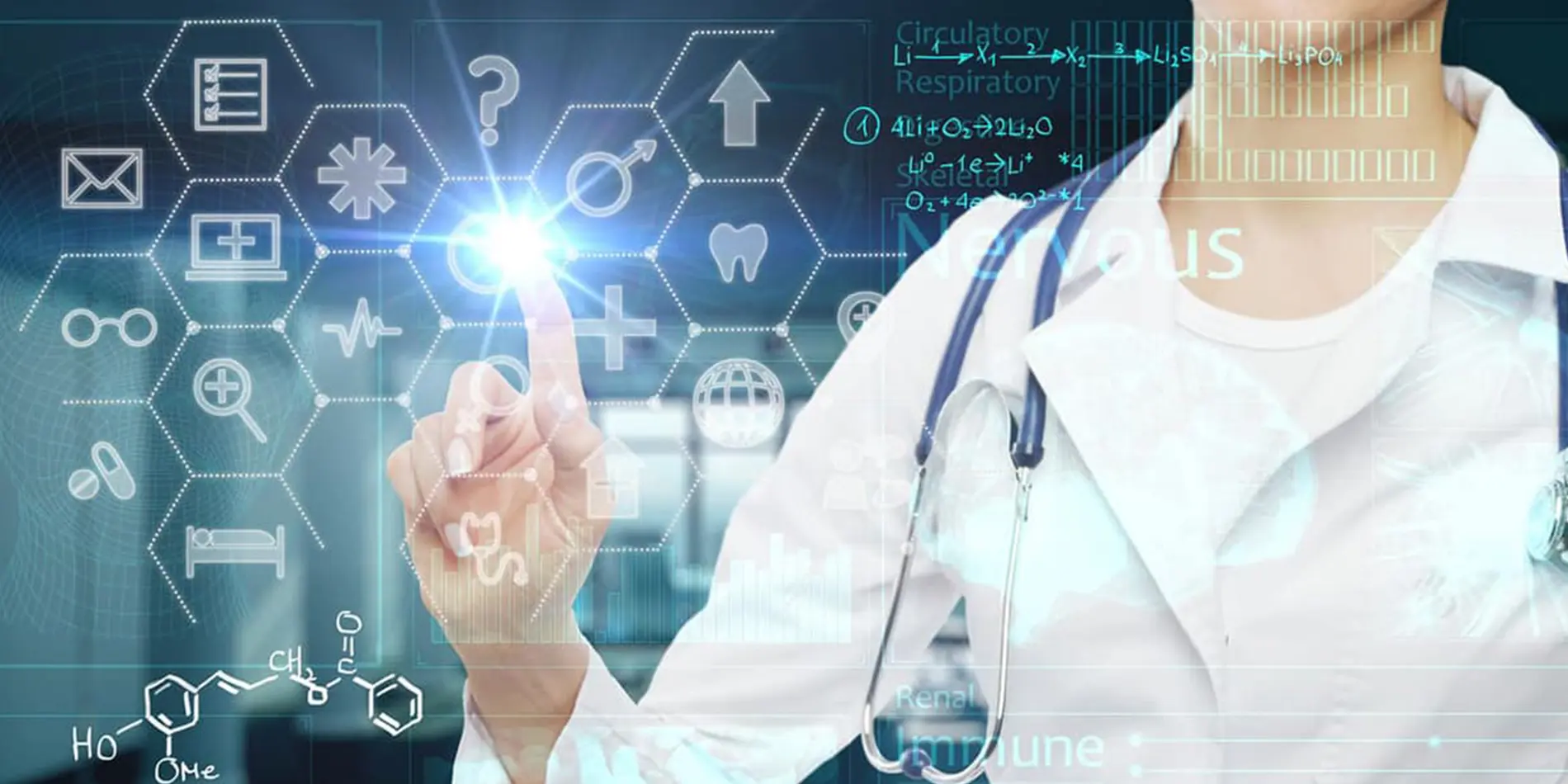 A person with a white lab coat and a stethoscope around their neck is pointing at general data icons in a hologram.