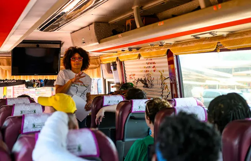 Northeastern professor Vanessa Johnson gives a brief history of W.E.B. Du Bois before the formal tour of his home in Accra, Ghana, during the 2023 Global Leadership Summit. Photo by Alyssa Stone/Northeastern University