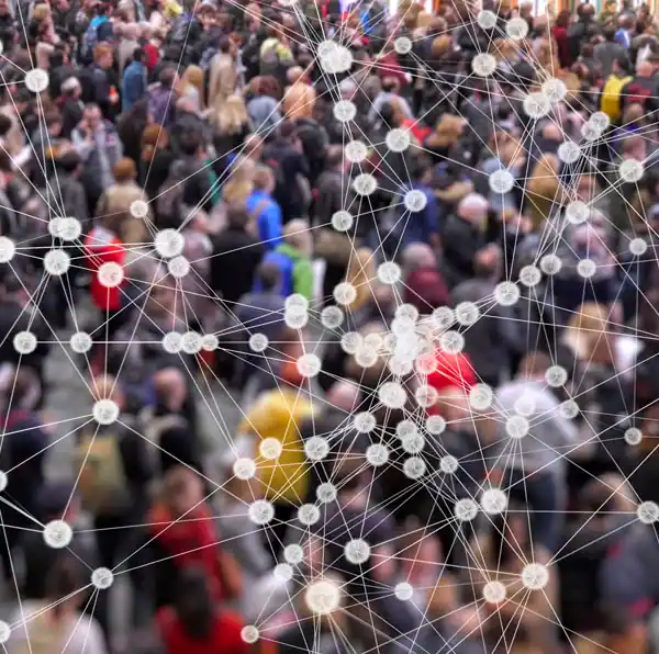 A crowd of people with dots tracing contact
