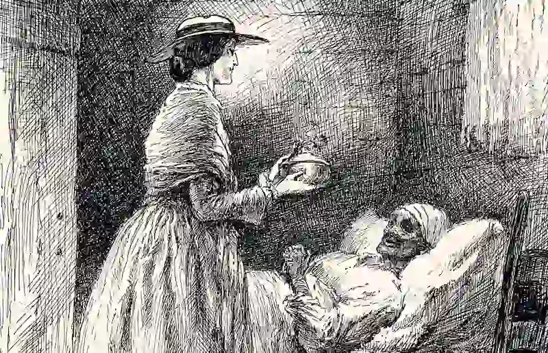 Kind lady from the 19th Century bring a meal to a sick servant
