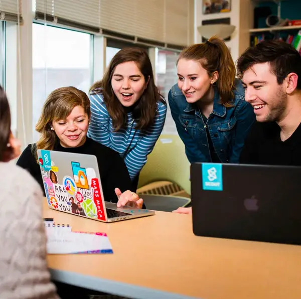 Members of Scout, Northeastern’s student-led design studio, meet in their office in Ryder Hall. Photo by Adam Glanzman/Northeastern University