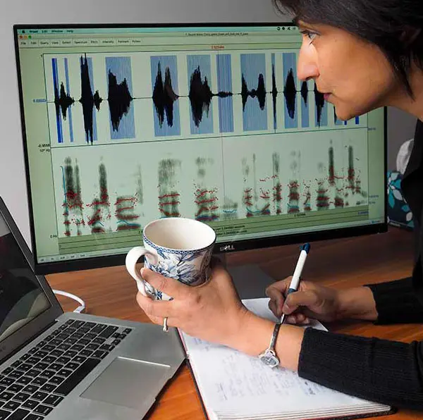 Rupal Patel reviewing spectrograms for her VocalID research