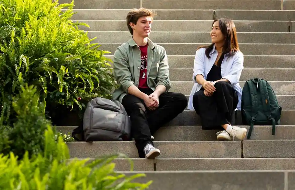 Two students sitting on the steps beside Behrakis Health Sciences Center, talking