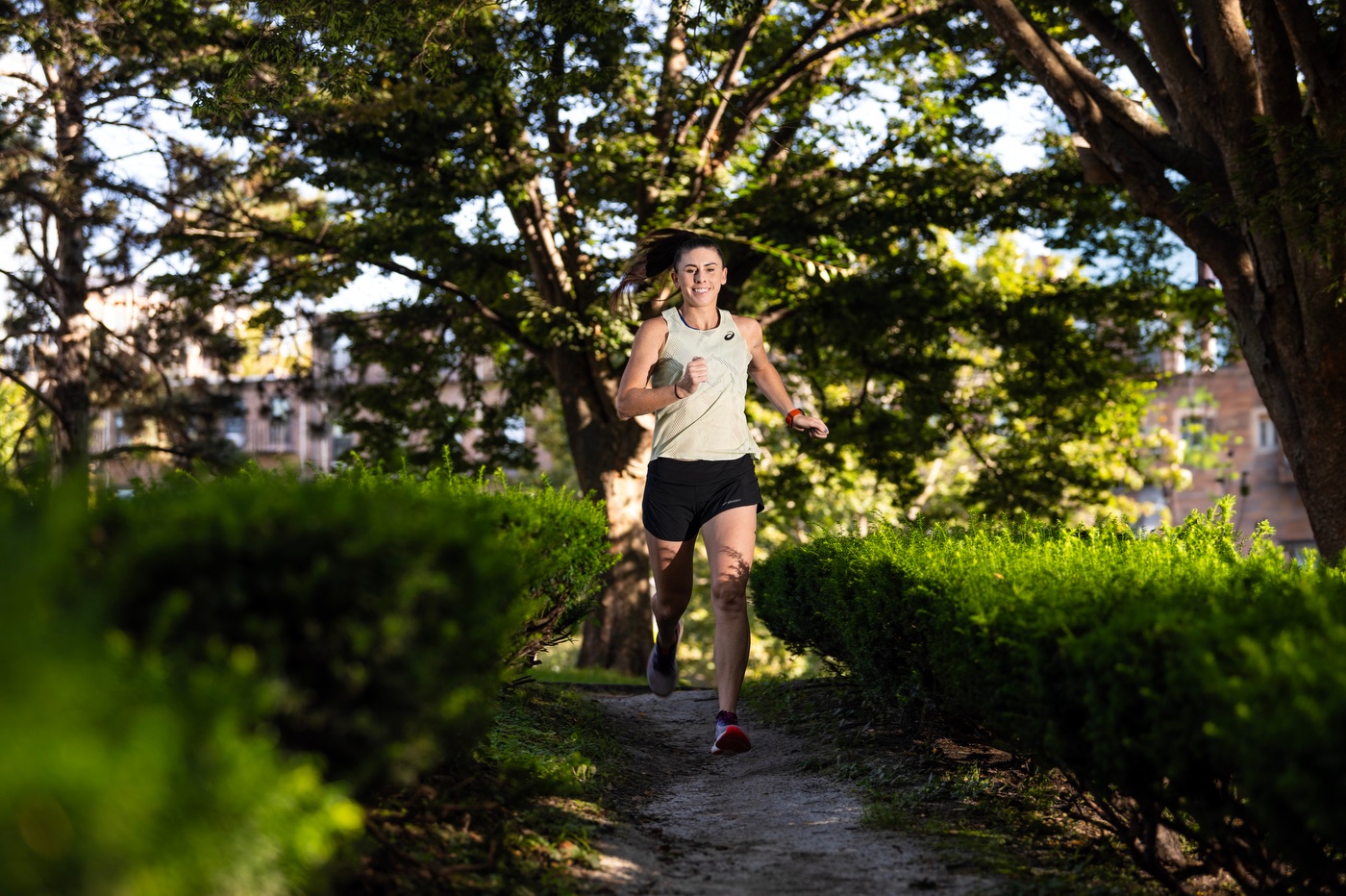 Northeastern graduate Laura Green, a comedic content creator and runner, runs through the Boston campus on Wednesday, Sept. 20, 2023. Photo by Alyssa Stone/Northeastern University