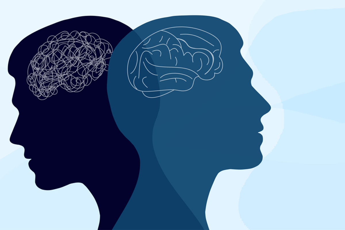 Illustration of two heads. One has a scrambled brain and the other has an organized brain.