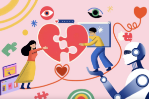 There’s AI to help you get more matches and dates on apps, but experts are skeptical AI can help a person build a lasting connection. Illustration by Renee Zhang/Northeastern University