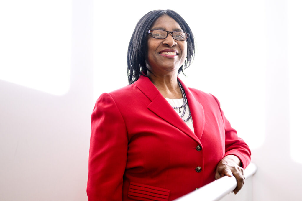 02/14/24 - BOSTON, MA - Valeria Ramdin, Director of Global Nursing, poses for a portrait in the Bouvé College of Health Sciences building on Feb. 14, 2024. Ramdin was awarded an excellence award from the NERBNA. (Black Nurses Association) Photo by Matthew Modoono/Northeastern University