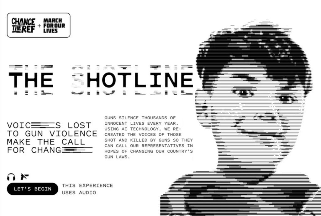 The Shotline uses AI to recreate the voices of kids who were killed by gun violence. Graphic from theshotline.org.
