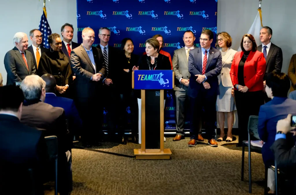 Massachusetts Governor Maura Healey called out Northeastern co-op students while launching the Massachusetts AI Hub on Thursday. Photo by Matthew Modoono/Northeastern University