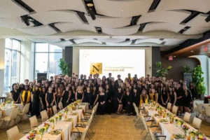 Northeastern President Joseph E. Aoun congratulated spring 2025 Huntington 100 inductees, telling them they “lifted up the whole student body.” Photo by Alyssa Stone/Northeastern University