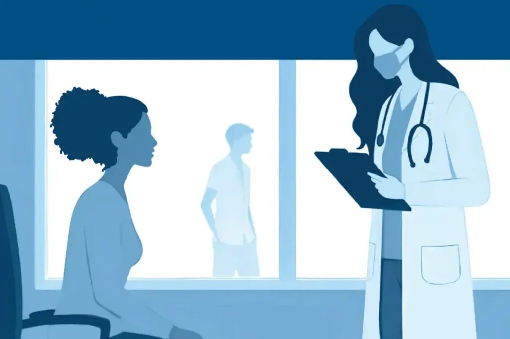 Cartoon image of a female doctor wearing a mask, holding a clipboard, speaking to a female patient.
