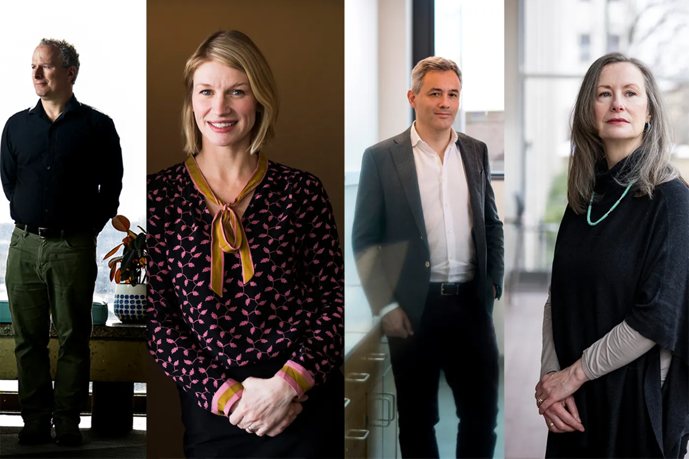 From left to right, professors David Lazer, Emily Zimmerman, Tommaso Melodia and Ellen Cushman. Photos by Northeastern University.