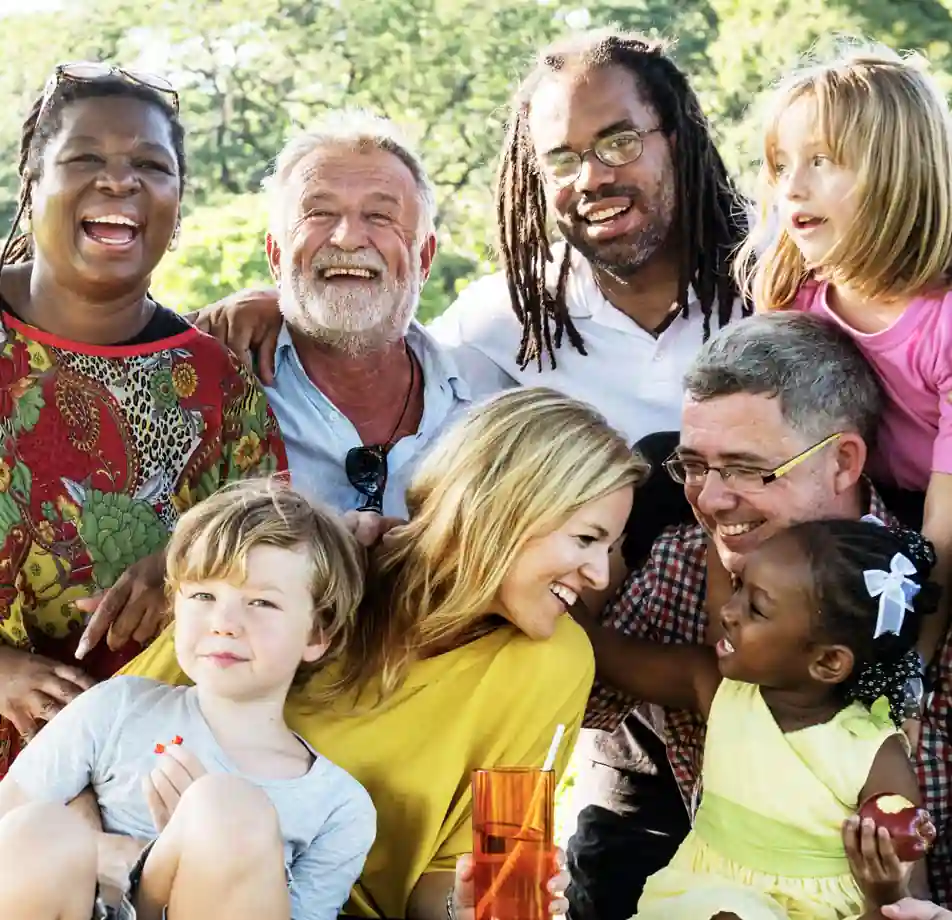 Family laughing in family photo