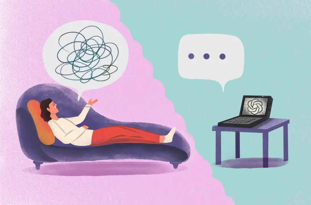 illustration of a person lying on a couch having a therapy session with chatgpt