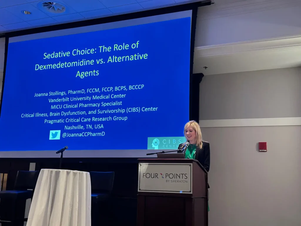 Photo of Joanna Stollings, PharmD, BCCPS, FCCM from Vanderbilt University Medical Center, Nashville, TN, presents Sedative Choice: The Role of Dexmedetomidine vs Alternative Agents