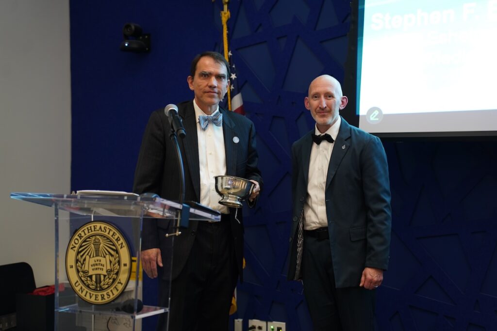 Dr. Stephen Eckel (left) poses with Department of Pharmacy and Health Systems Sciences Chair Jason Lancaster (right) at the annual John W. Webb Visiting Professor in Pharmacy Lecture.