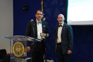 Dr. Stephen Eckel (left) poses with Department of Pharmacy and Health Systems Sciences Chair Jason Lancaster (right) at the annual John W. Webb Visiting Professor in Pharmacy Lecture.