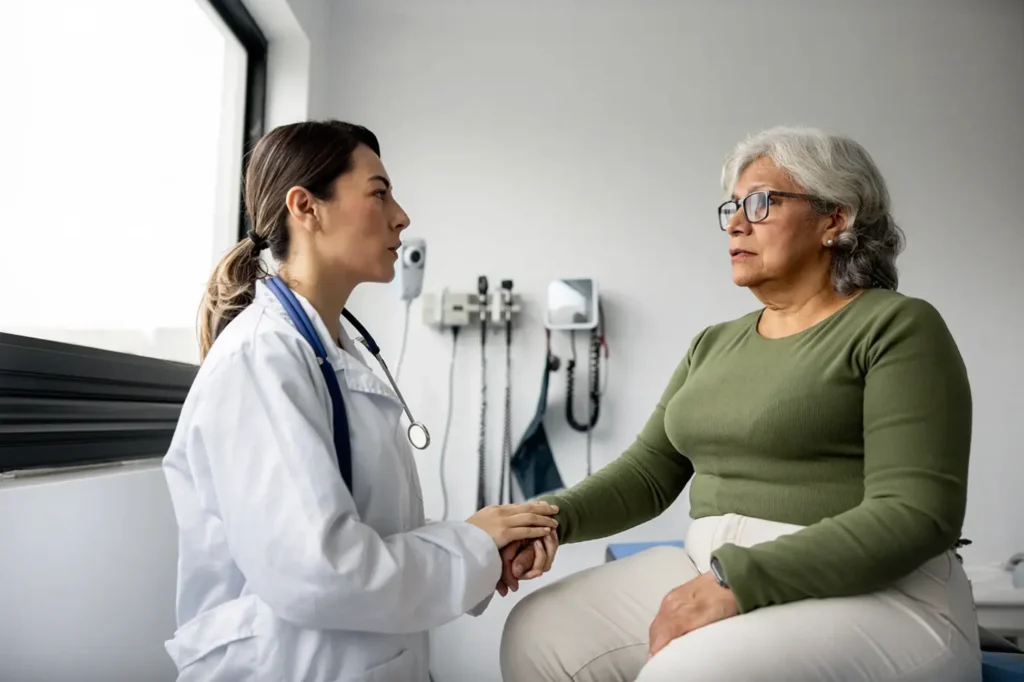 Female doctor holds hand of patient while speaking in room at doctor's office