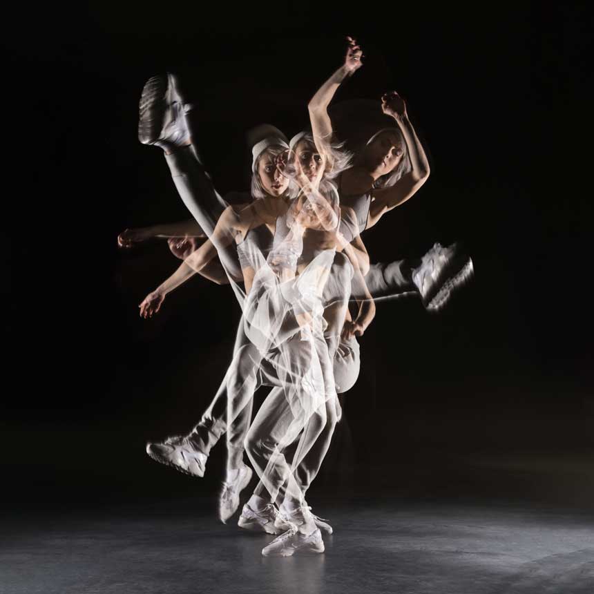 Multiple superimposed shots of a dancer's movement