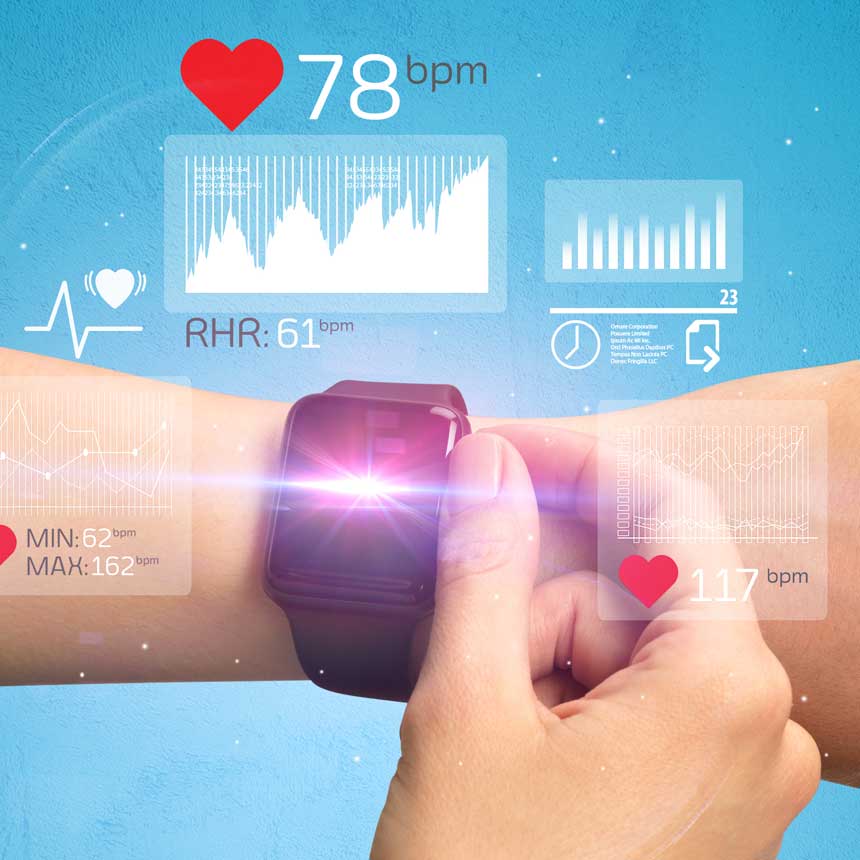 A watch health wearable with various biometric data infographics