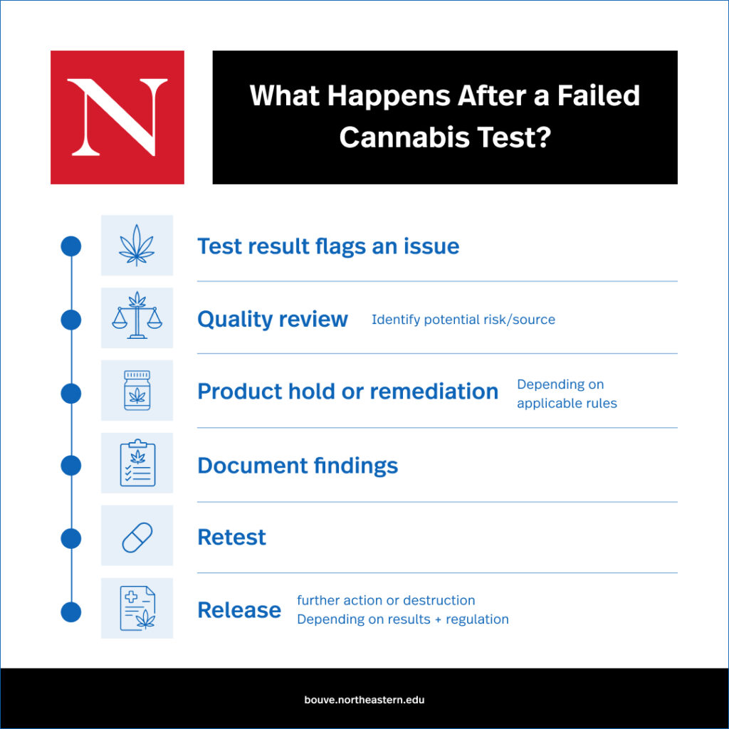 A graphic explaining what happens when a cannabis product fails a test: Test result flags an issue; Quality Review to identify potential risk/source; product hold or remediation depending on the applicable rules; document findings; retest; and then release or destruction, depending on results+regulation.