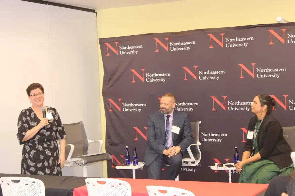 From left: Carmen Castañeda Sceppa, MD, PhD, FGSA, Dean of the Bouvé College of Health Sciences, stands with Eugene (Gene) Tunik, PT, PhD, Bouvé’s Senior Associate Dean of Research and Innovation and Gauri Agarwal, MD, FACP, Senior Associate Dean for Curriculum at the University of Miami Miller School of Medicine, for the Should AI Be Your Doctor? event.